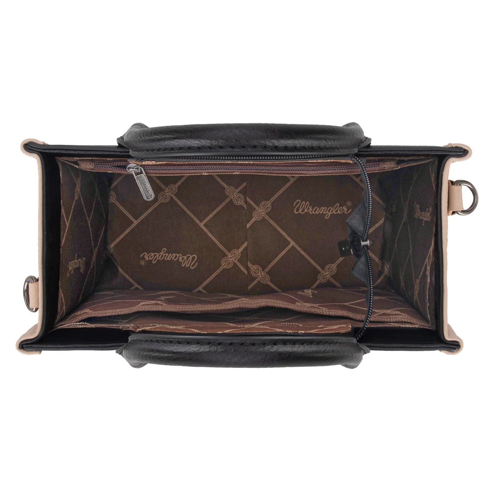 Wrangler  crossbody with handles. Tan trim bag with black, turquoise and aztec print details