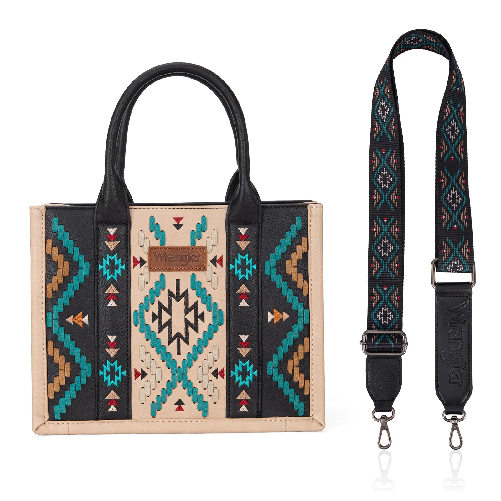 Wrangler  crossbody with handles. Tan trim bag with black, turquoise and aztec print details