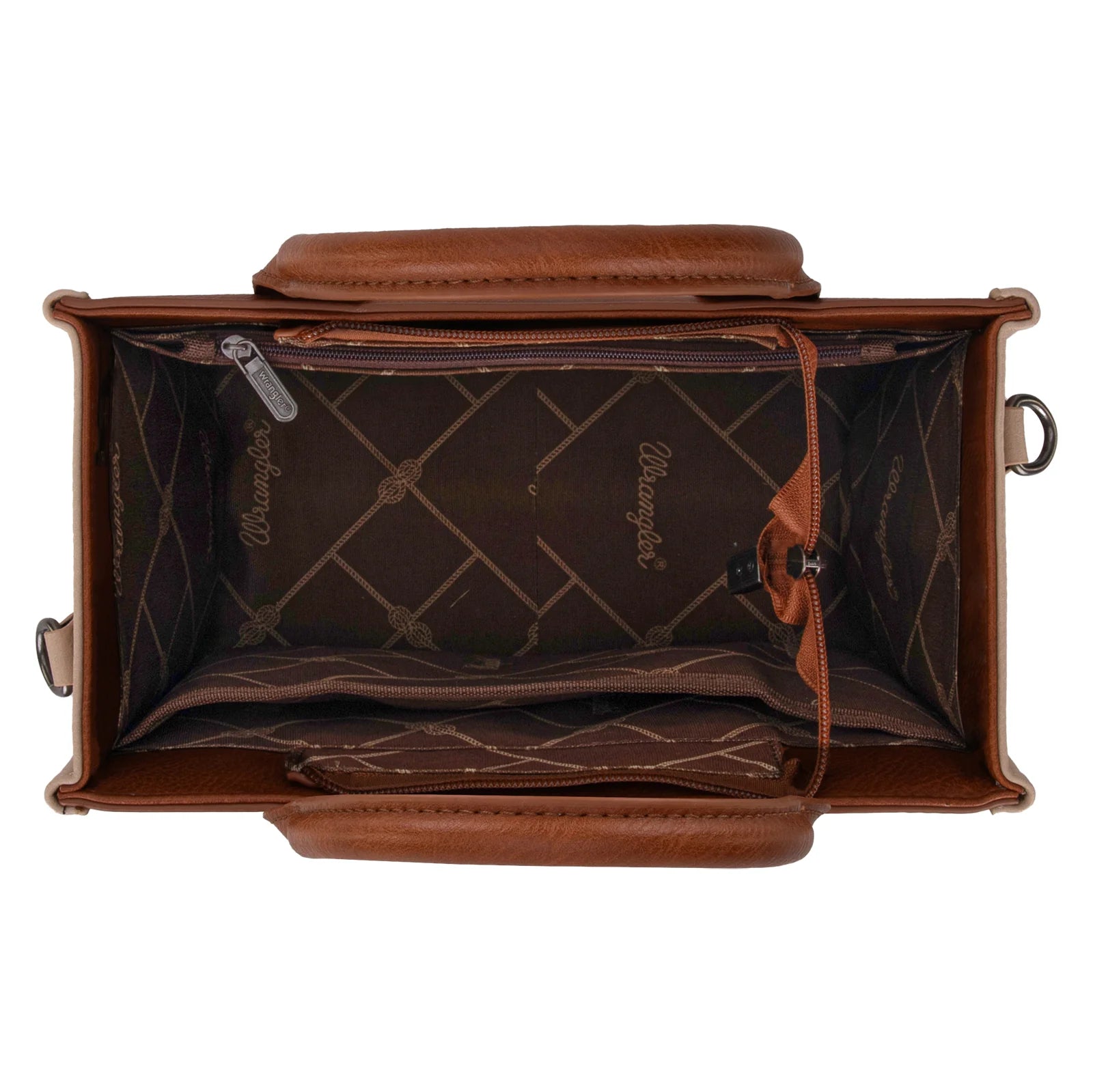 Aztec embroidered tote/crossbody bag in brown, displayed on a mannequin against a leafy background.