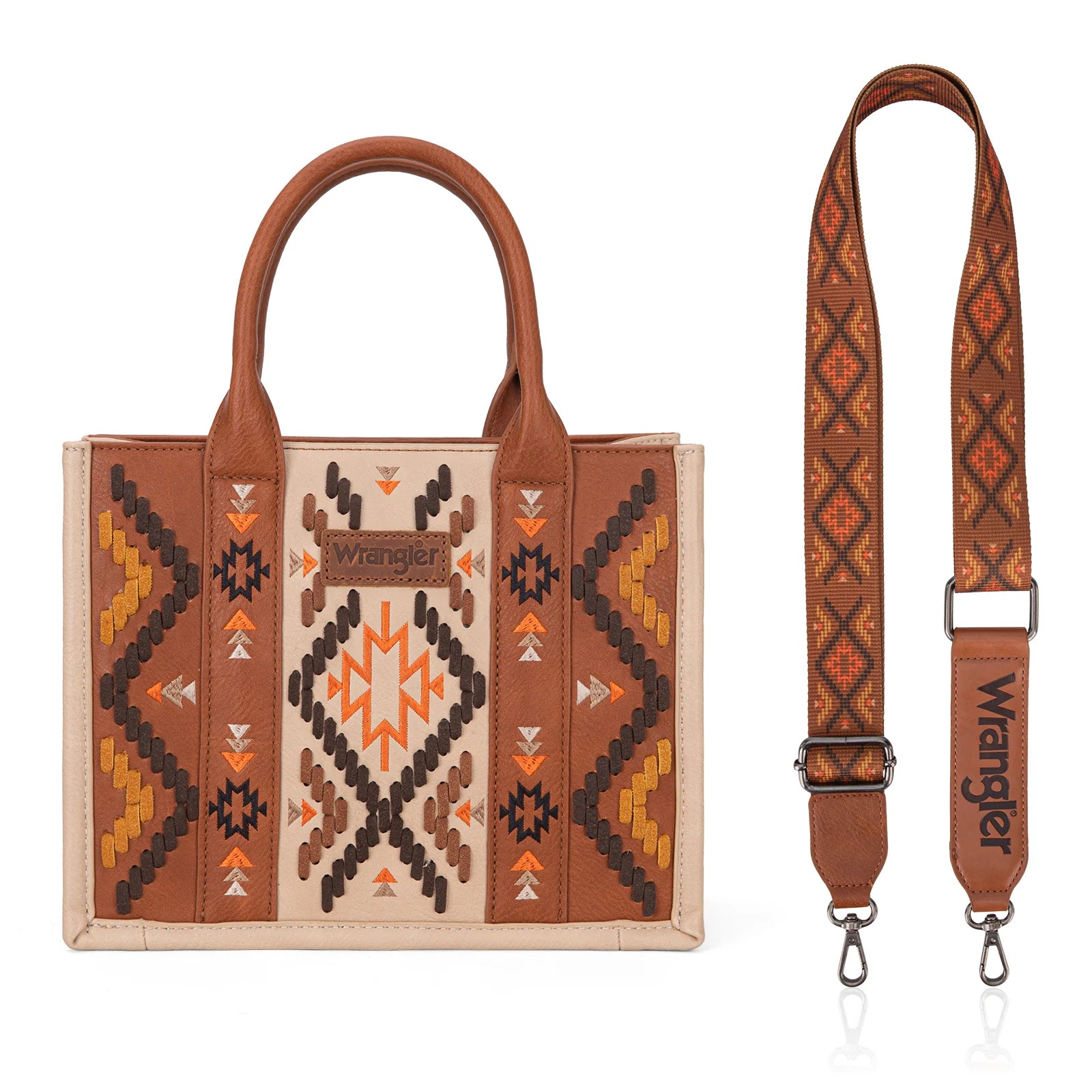 Aztec embroidered tote/crossbody bag in brown, displayed on a mannequin against a leafy background.