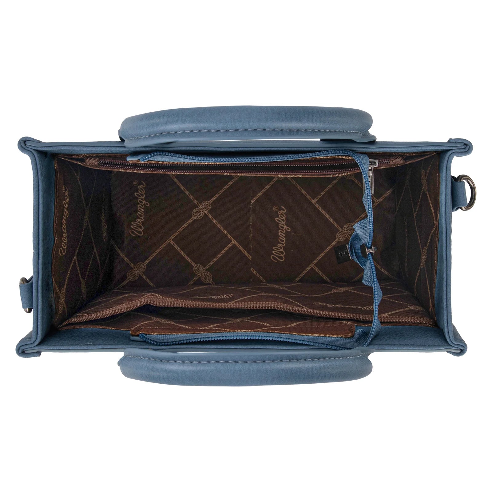 Aztec embroidered tote/crossbody bag in blue color displayed on a mannequin.