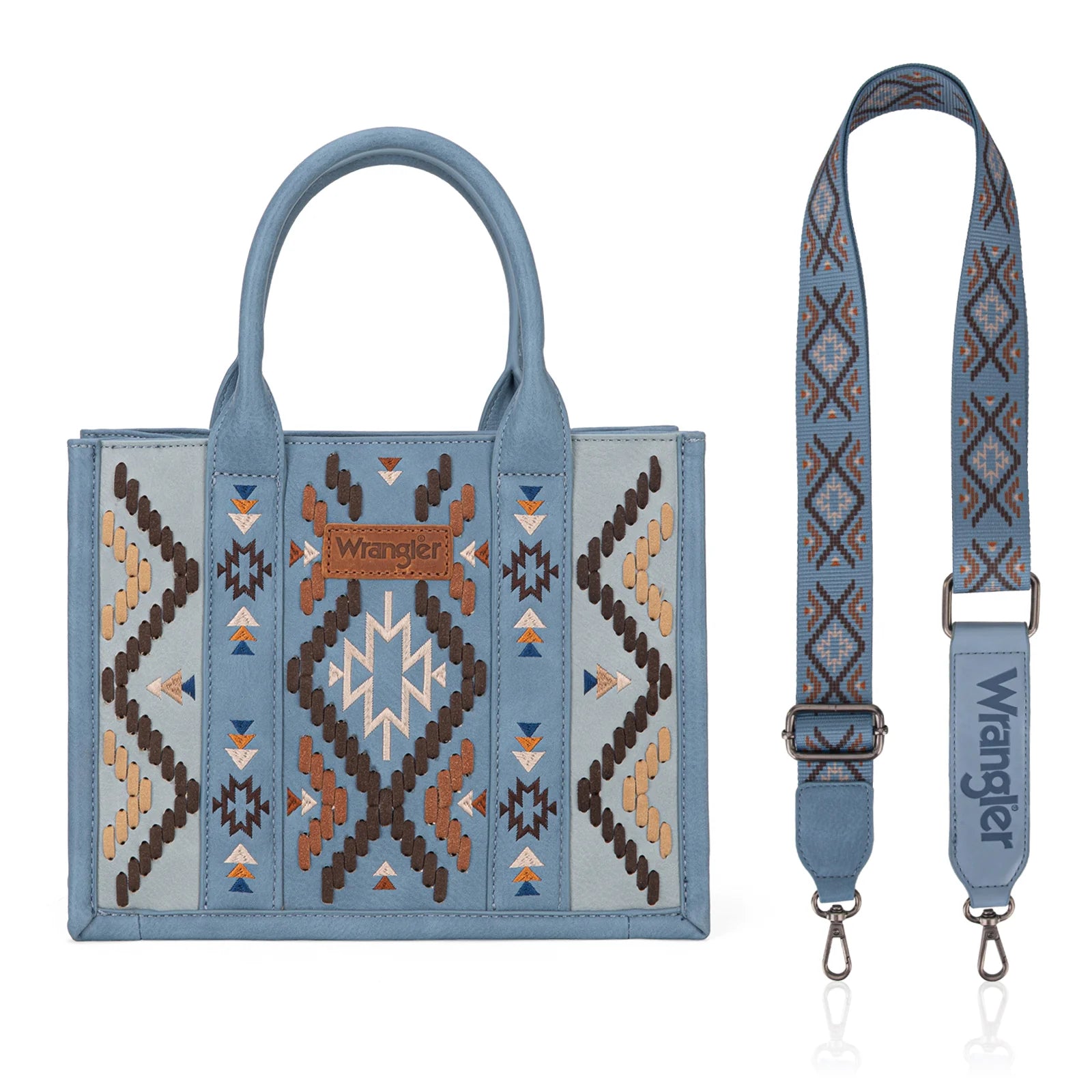 Aztec embroidered tote/crossbody bag in blue color displayed on a mannequin.