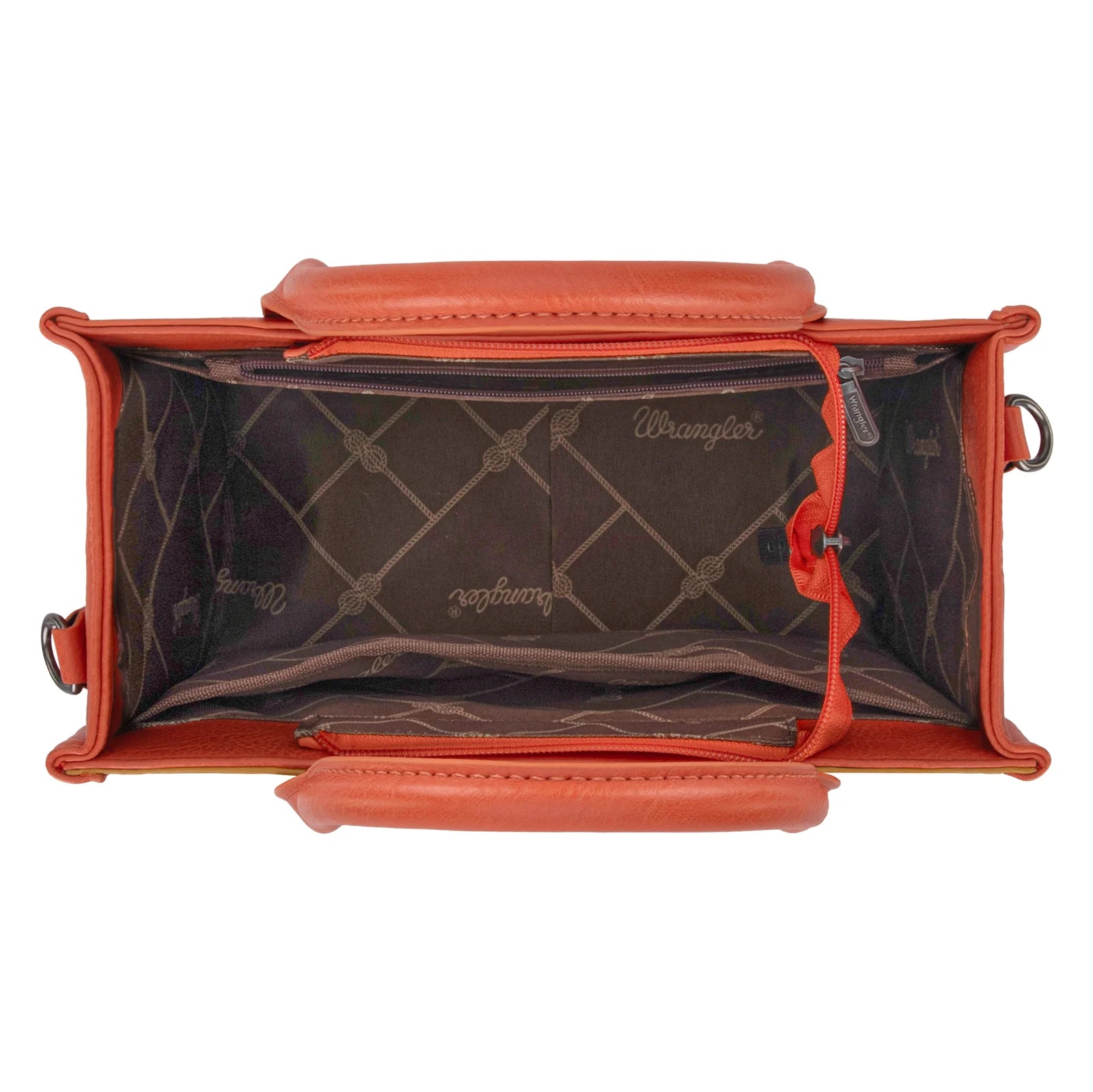 An orange Wrangler Aztec embroidered tote/crossbody bag with a geometric pattern displayed on a mannequin.