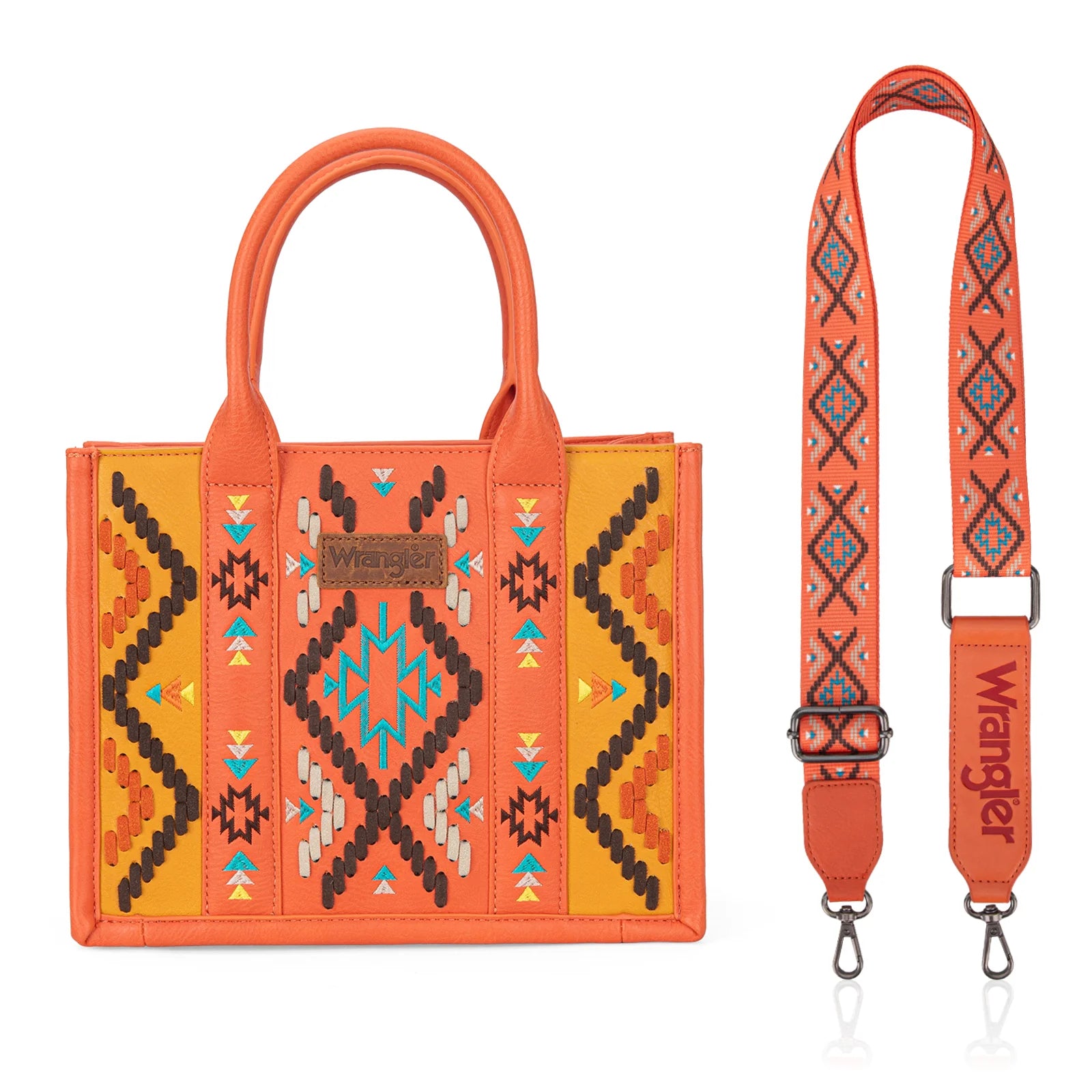 An orange Wrangler Aztec embroidered tote/crossbody bag with a geometric pattern displayed on a mannequin.