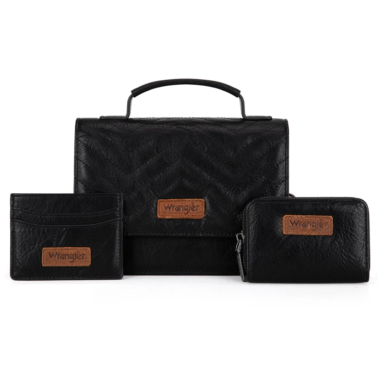 A black 3-piece crossbody bag set by Wrangler, including a mini top handle bag, a wallet, and a card case, each detailed with the iconic Wrangler logo.