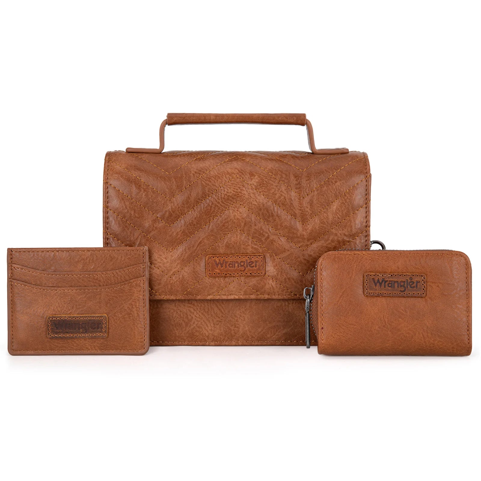 A brown Wrangler 3-piece crossbody bag set including a quilted flap crossbody bag, a matching coin wallet, and a compact card case, all detailed with the iconic Wrangler logo.