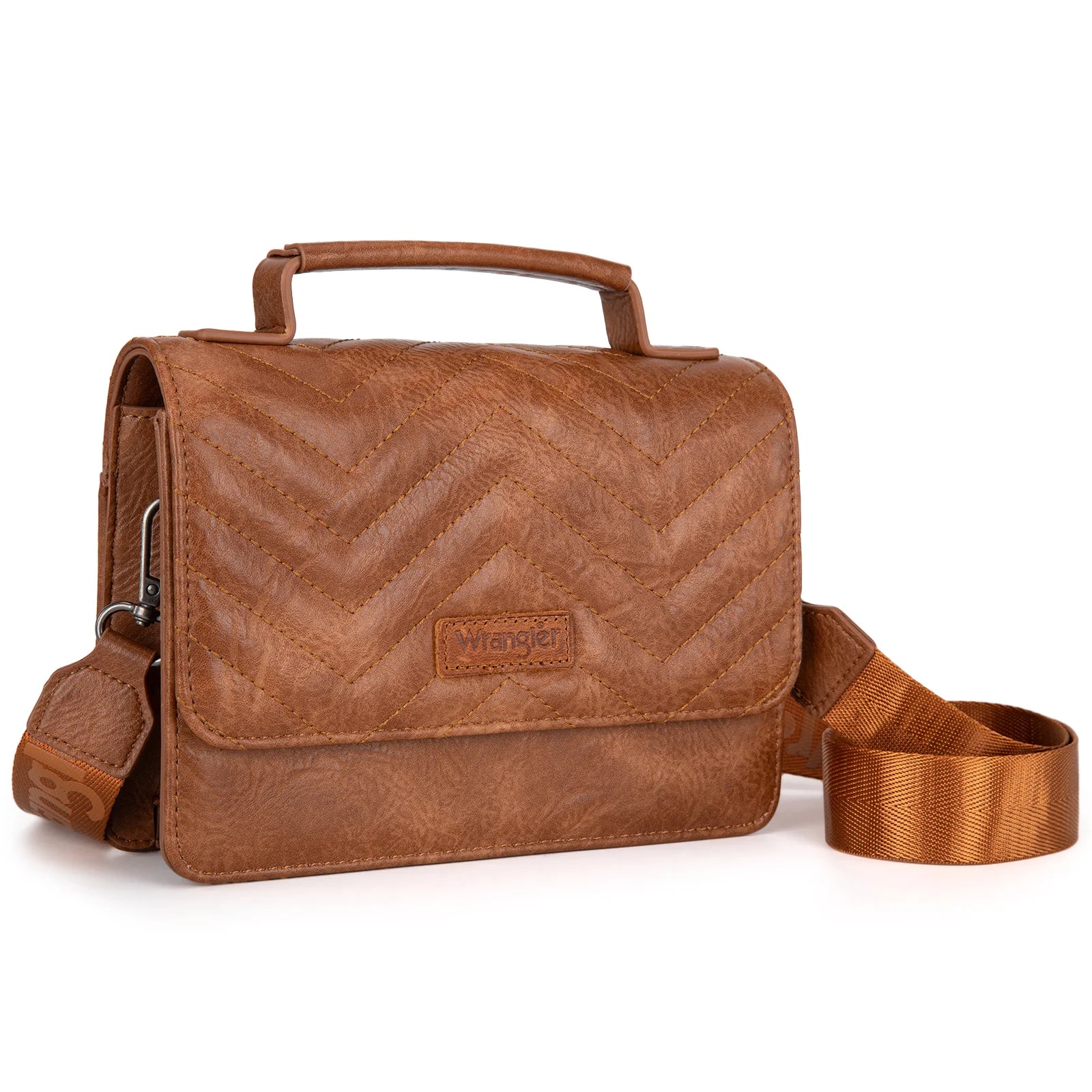 A brown Wrangler 3-piece crossbody bag set including a quilted flap crossbody bag, a matching coin wallet, and a compact card case, all detailed with the iconic Wrangler logo.