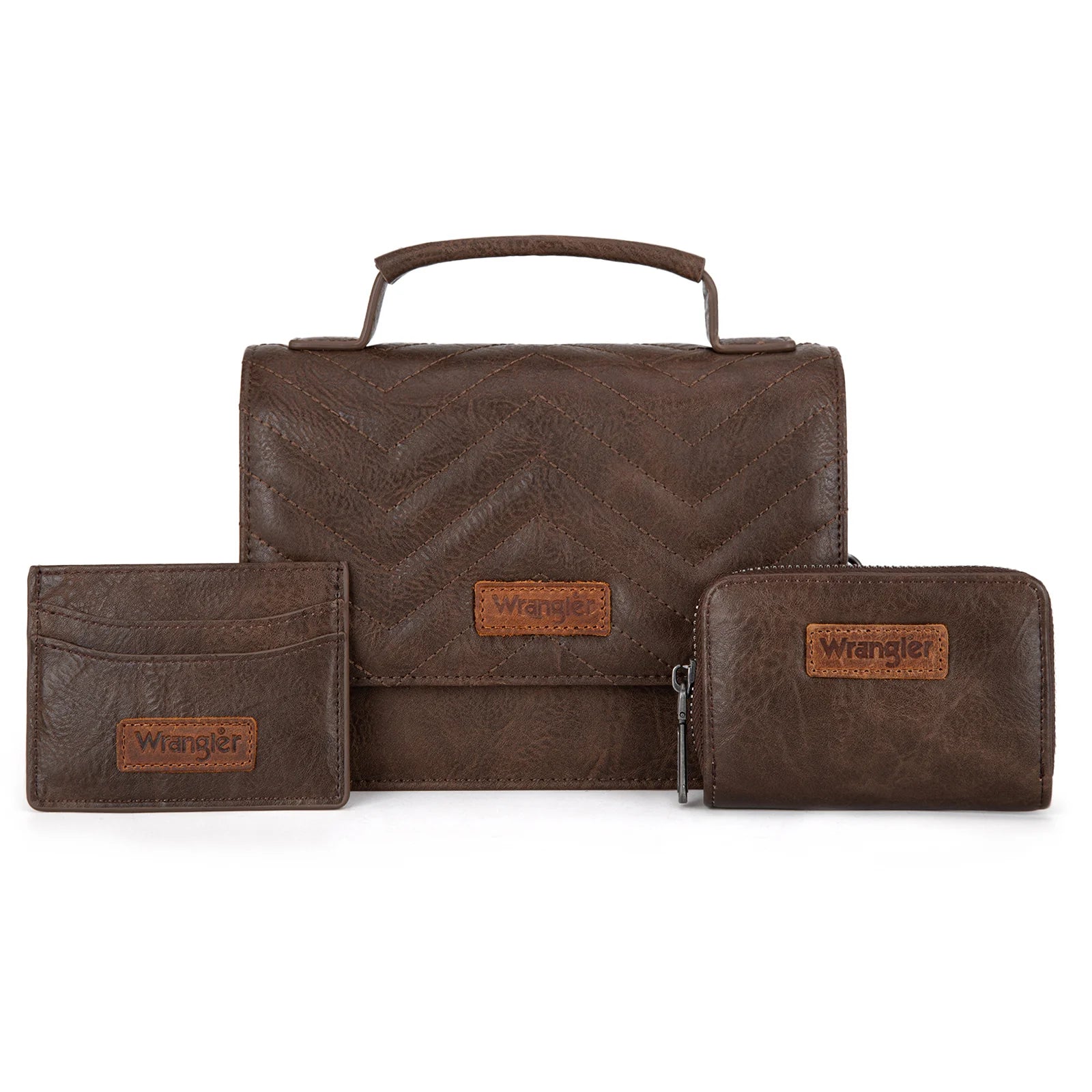 A brown Wrangler 3-piece crossbody set including a mini top handle bag, a wallet, and a card case, each featuring the iconic Wrangler logo.