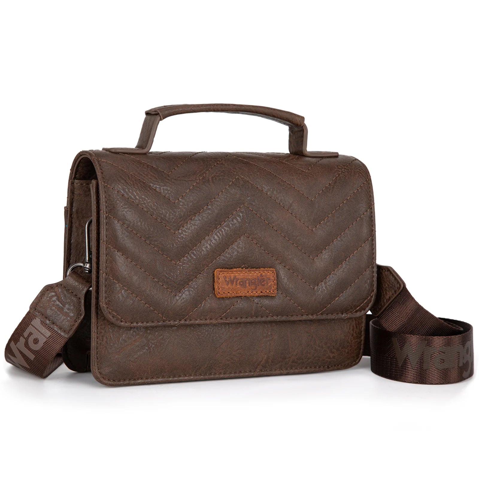 A brown Wrangler 3-piece crossbody set including a mini top handle bag, a wallet, and a card case, each featuring the iconic Wrangler logo.