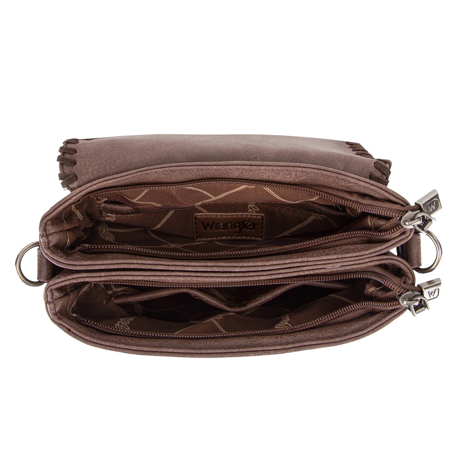 A brown crossbody bag with leopard print strap displayed on a mannequin against a leafy background.