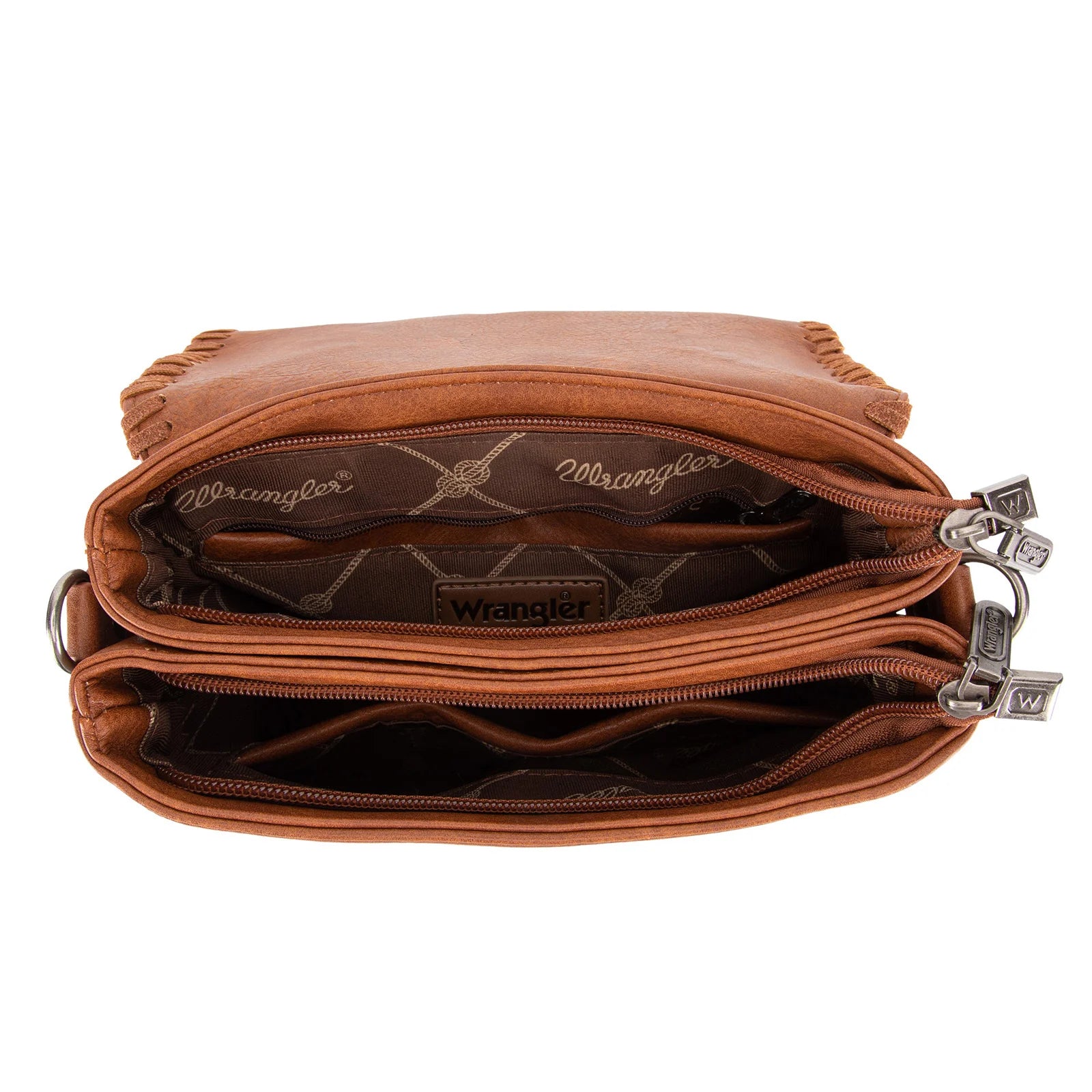 A crossbody bag with dark brown PU leather, detailed flap with magnetic closure, front zip pocket, and an adjustable leopard-print strap, displayed on a mannequin against a leafy background.