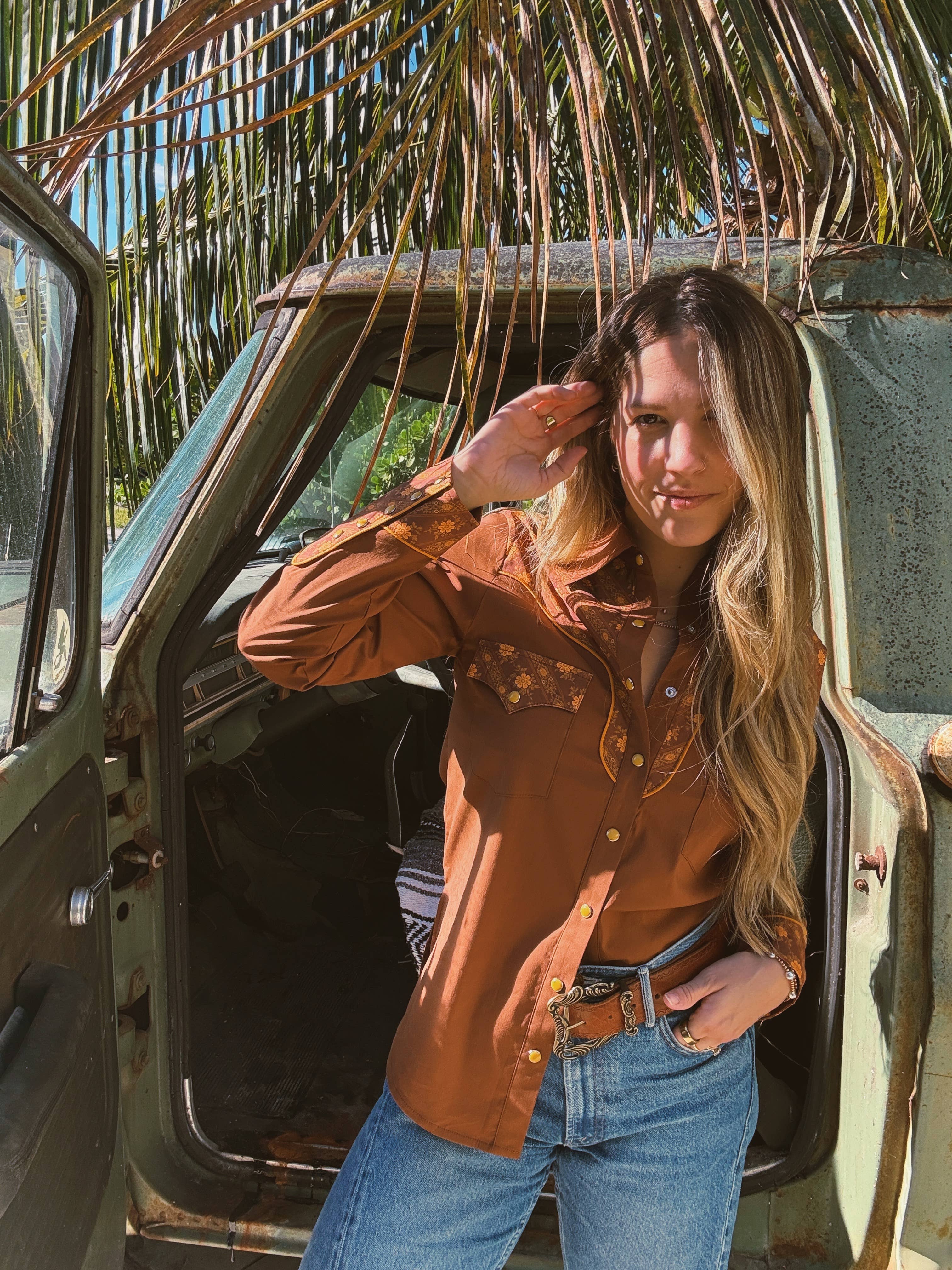John Wayne Western Pearl Snap Button Up Top In Rust