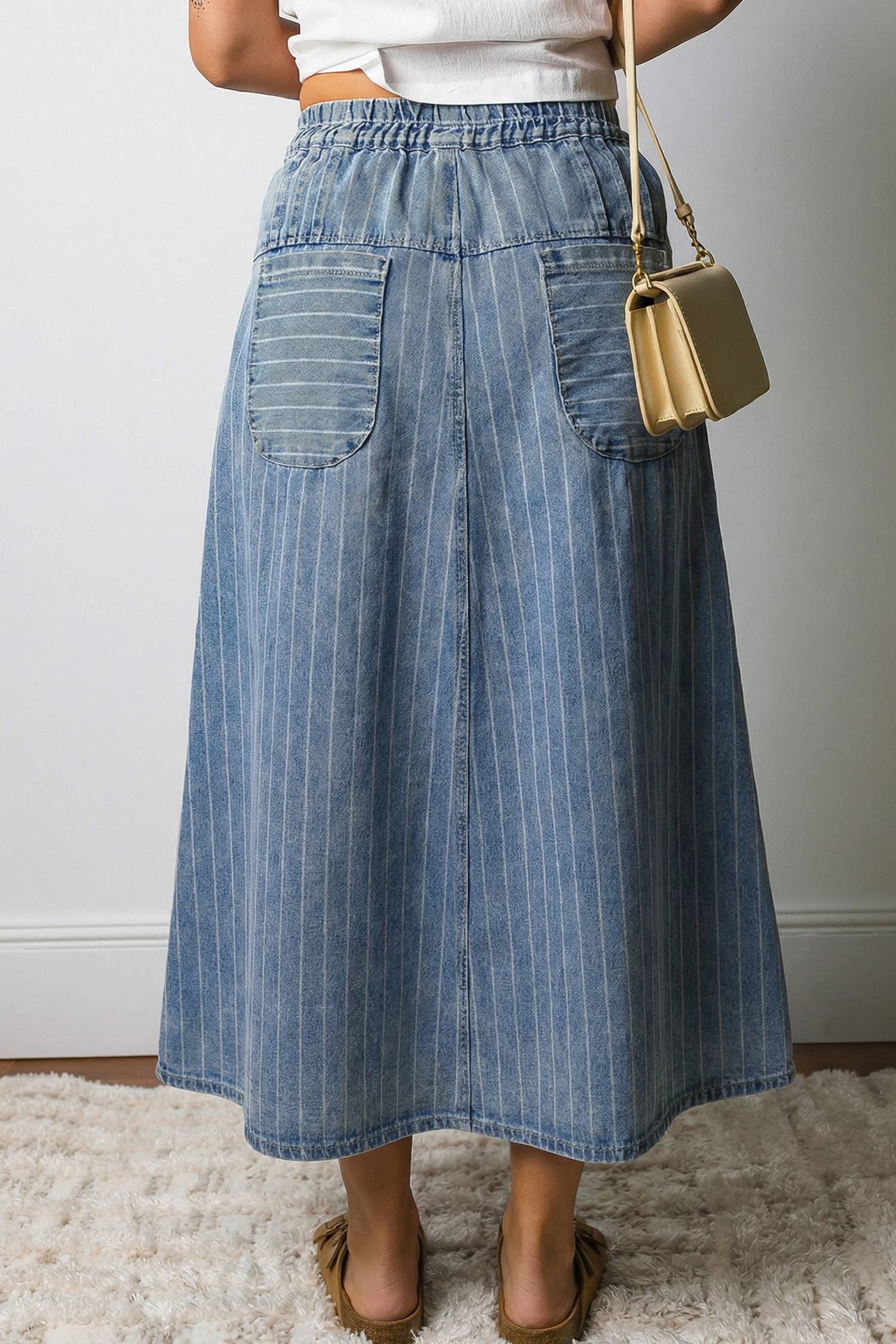 Stripe Denim Paperbag Waist Maxi Skirt
