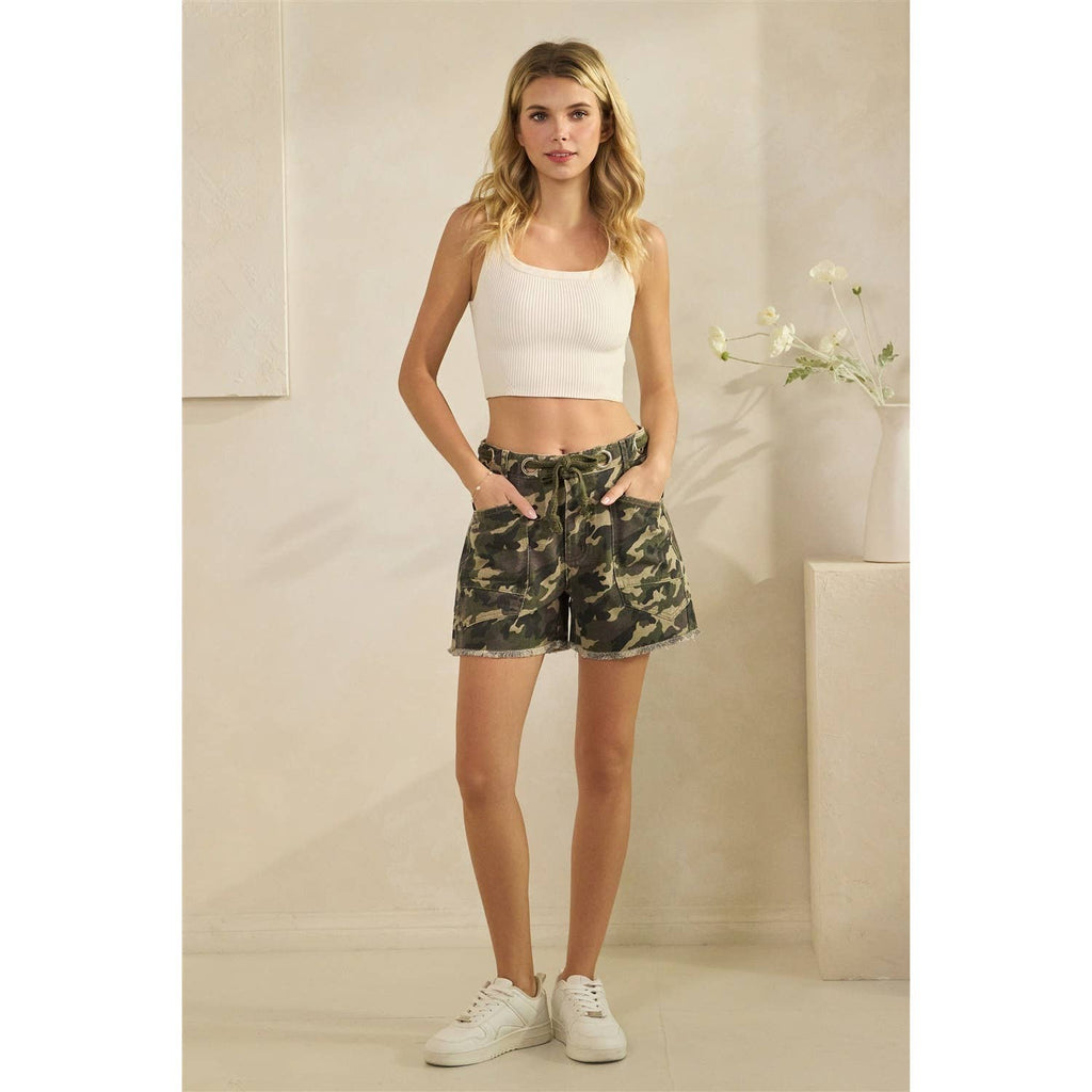 Printed Denim Shorts with Drawcord Waist Detail