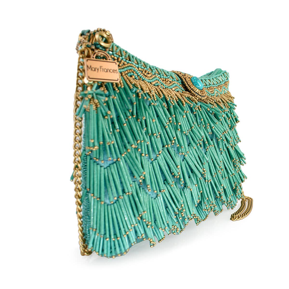 Turquoise handbag with gold detailing on a white background