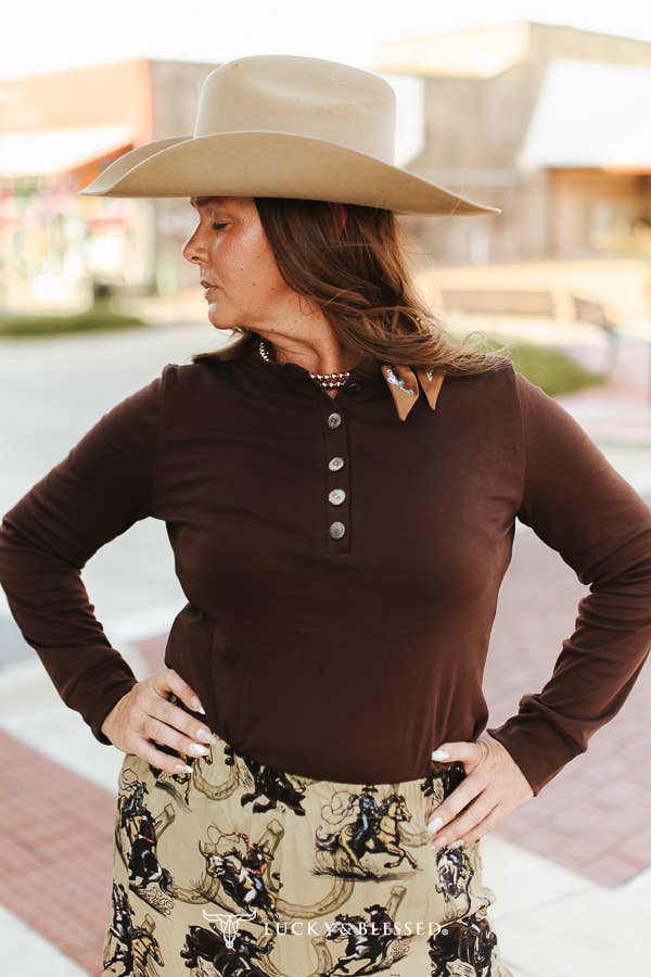 Brown Concho Button Western Henley