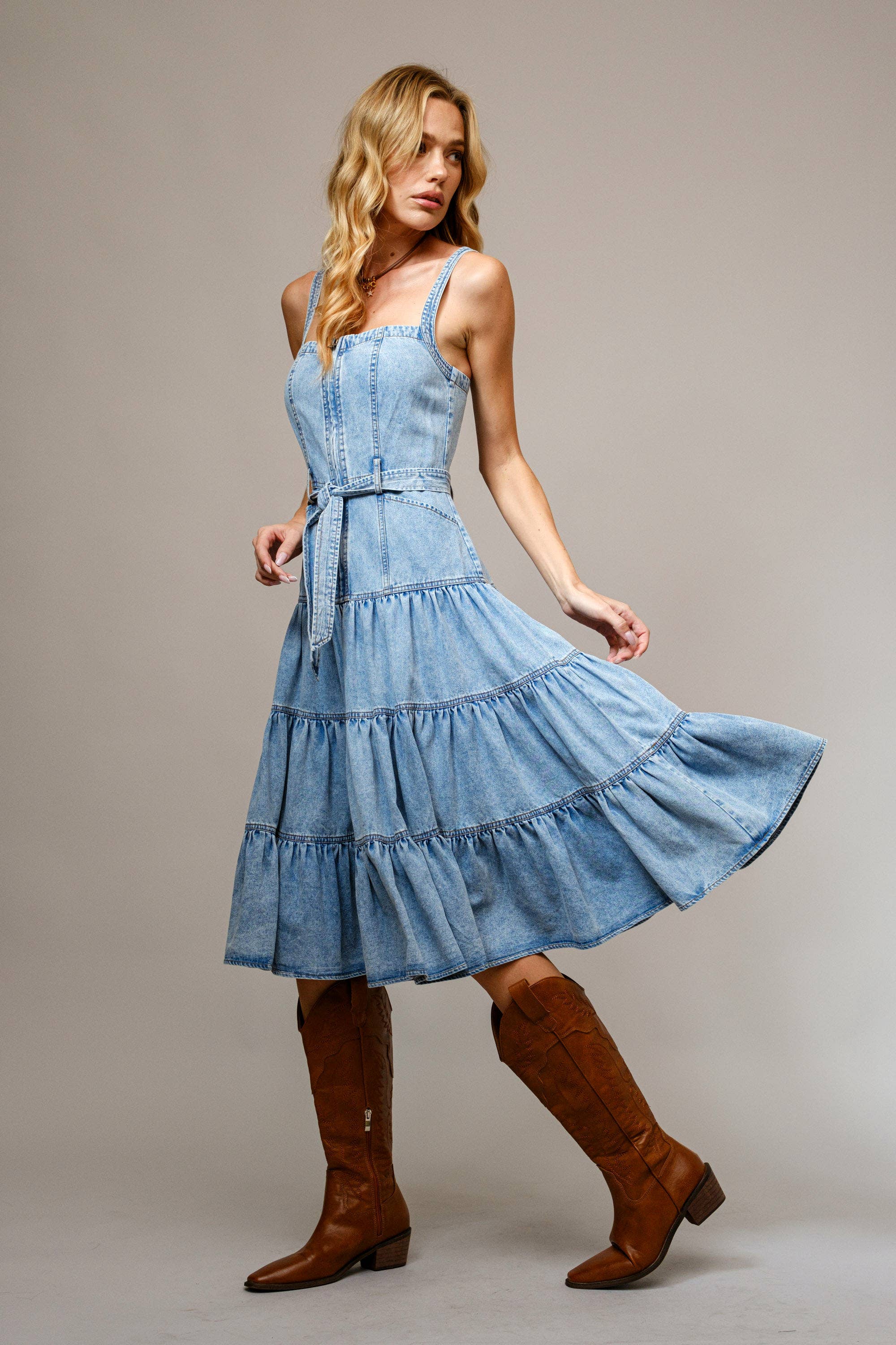 Washed Denim Tiered Zip Midi Dress