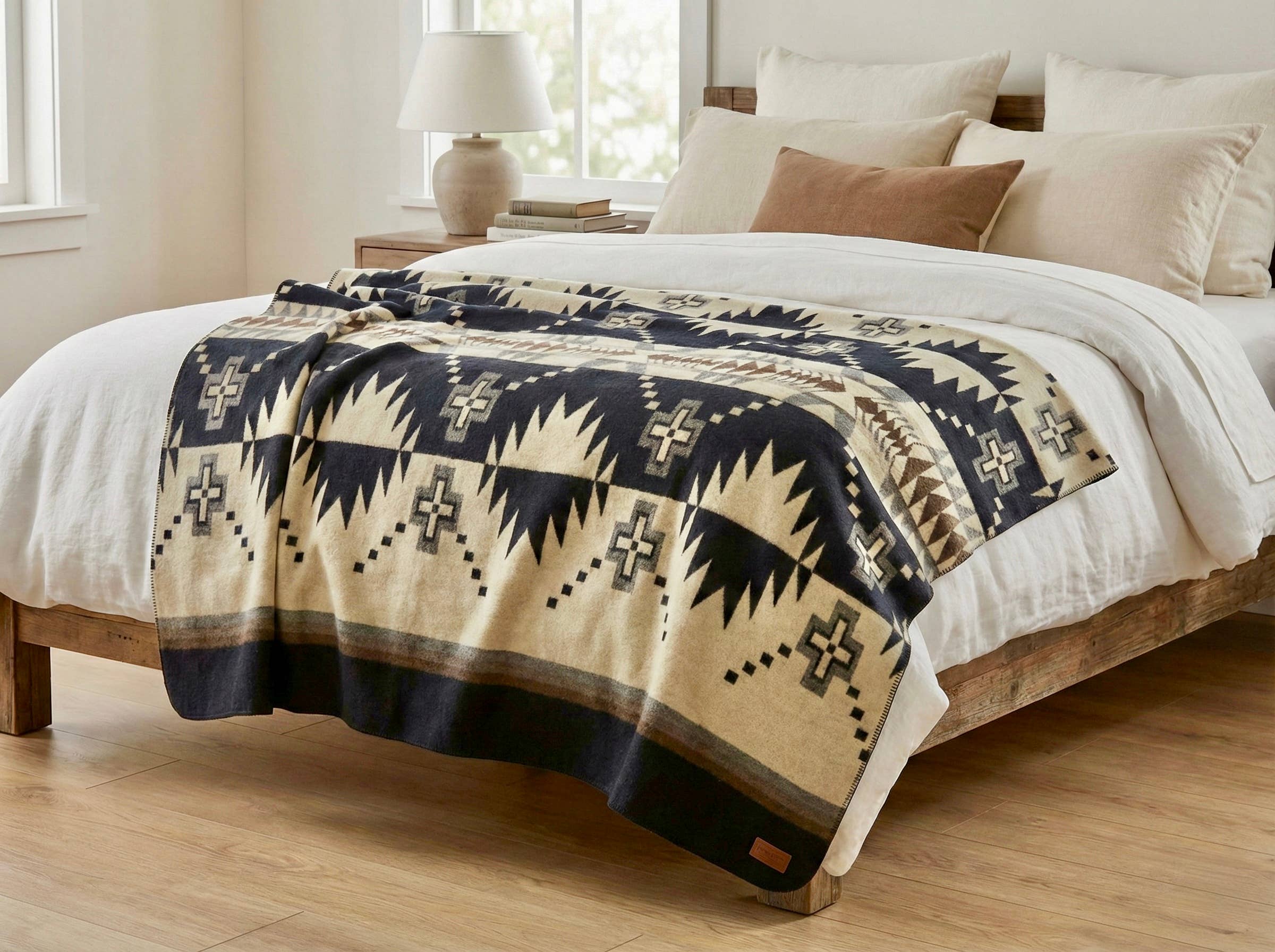 A southwestern-style woven throw blanket draped over a bed in a bright, modern bedroom. The blanket features a geometric pattern in dark navy blue and warm beige, with white bedding and neutral pillows in the background.