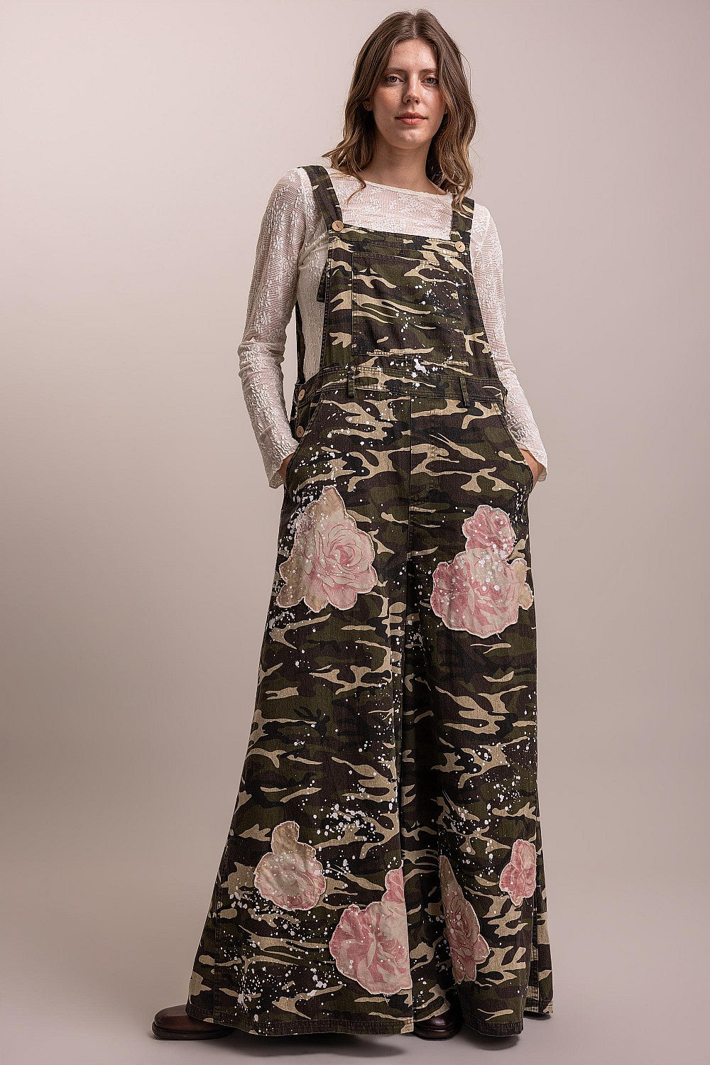 CAMO PRINT PATCHWORK PAINT SPLATTER WIDE LEG OVERALLS
