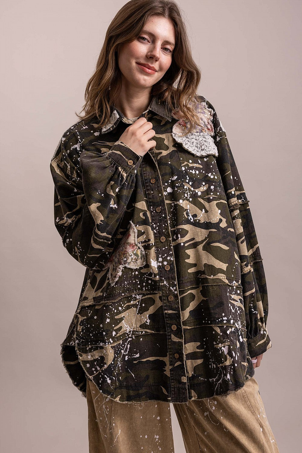 Over Size Wild Side Camo Patchwork Button Down Jacket