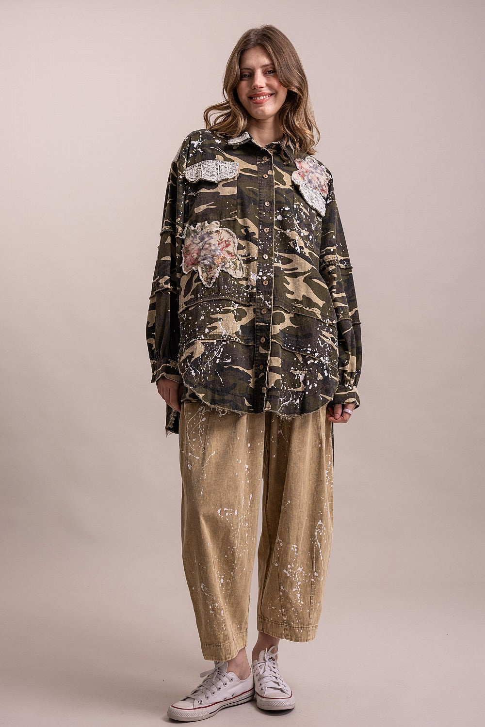Over Size Wild Side Camo Patchwork Button Down Jacket