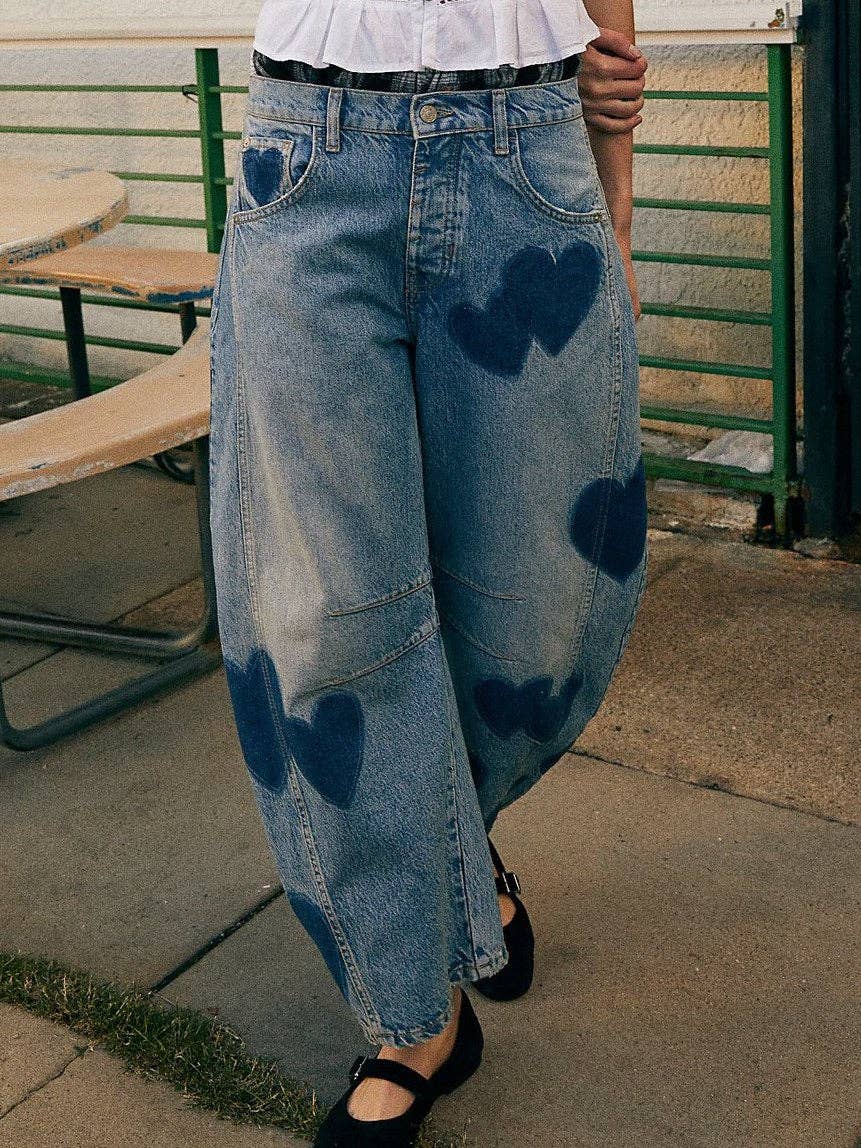 Love Heart Print Loose Midi Waist Jeans