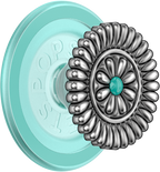 A PopSockets grip cover featuring a metallic silver floral pattern with a central turquoise gem, shown alongside a mint green translucent backing on a white background.