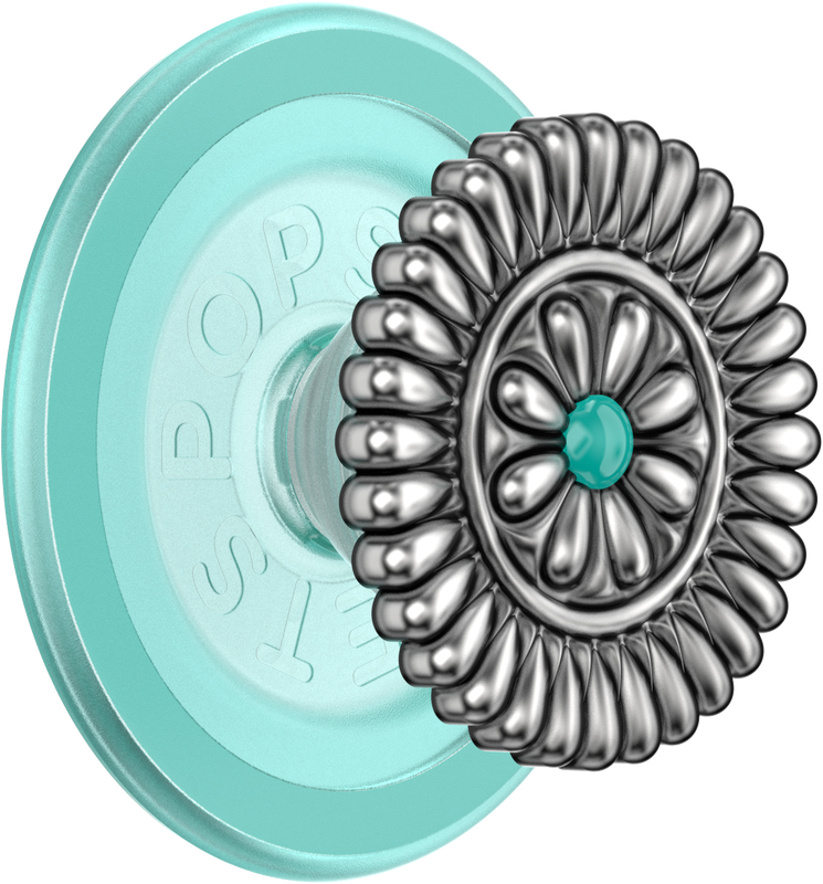 A PopSockets grip cover featuring a metallic silver floral pattern with a central turquoise gem, shown alongside a mint green translucent backing on a white background.