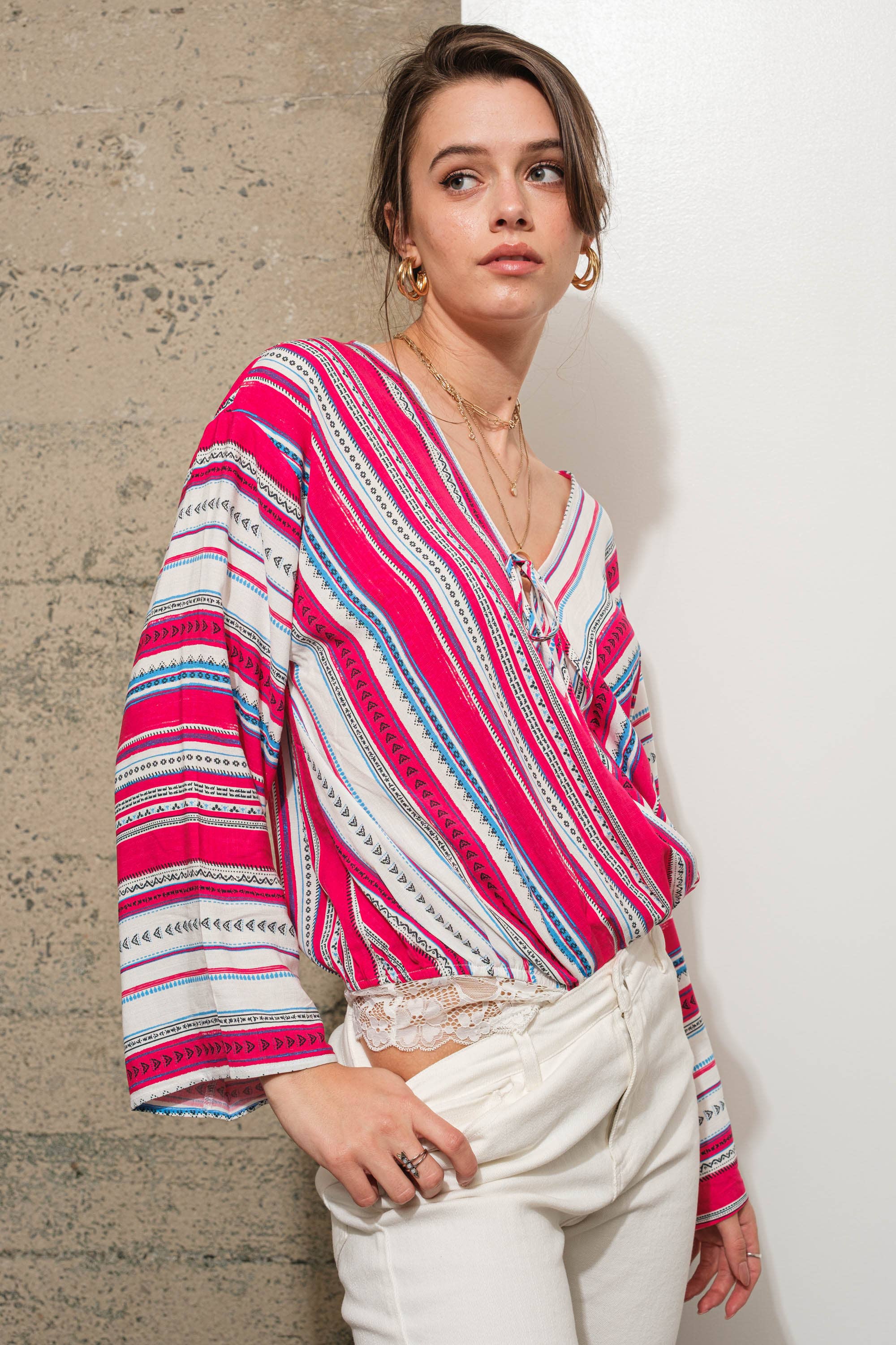 Stripe Wrap Tie Lace Bodysuit