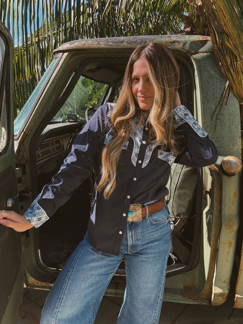 Denim Blue John Wayne Western Pearl Snap Button Up Top In