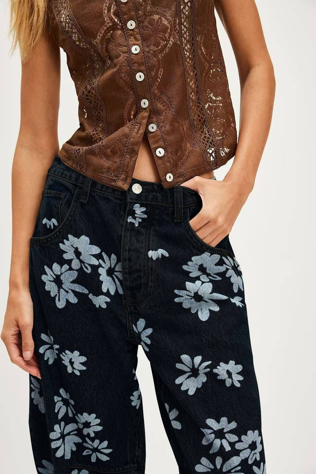 Love Heart Print Loose Midi Waist Jeans