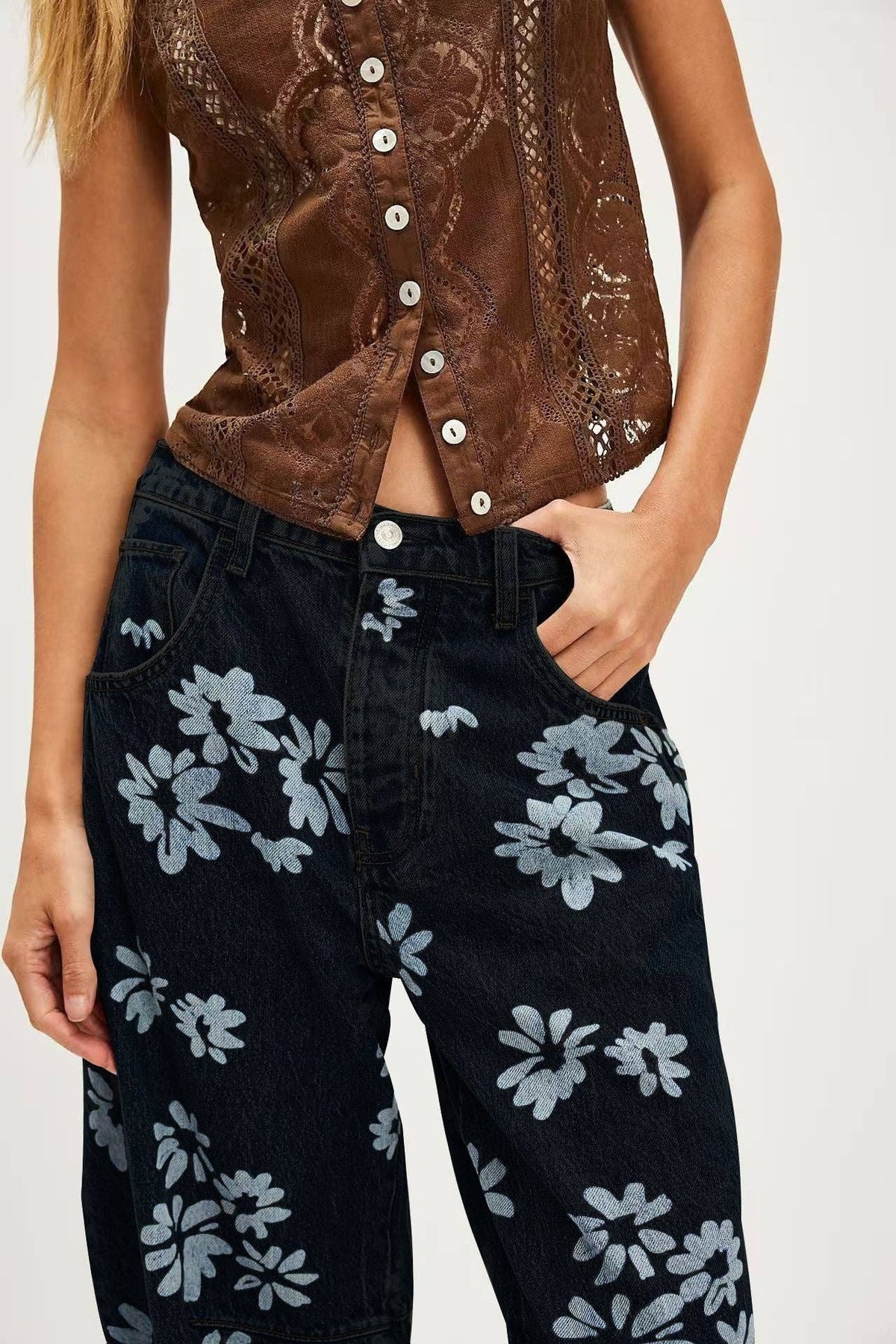 Love Heart Print Loose Midi Waist Jeans