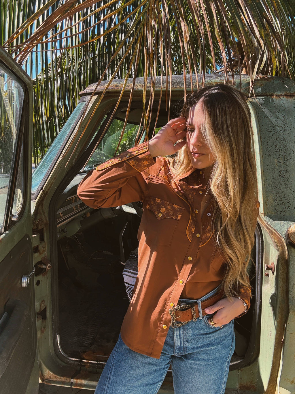 John Wayne Western Pearl Snap Button Up Top In Rust