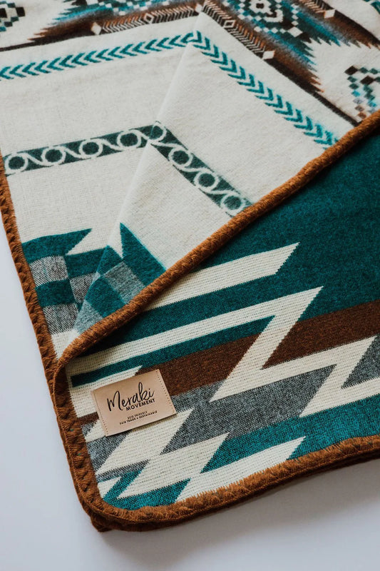 Patterned fabric with a brand tag on a white background