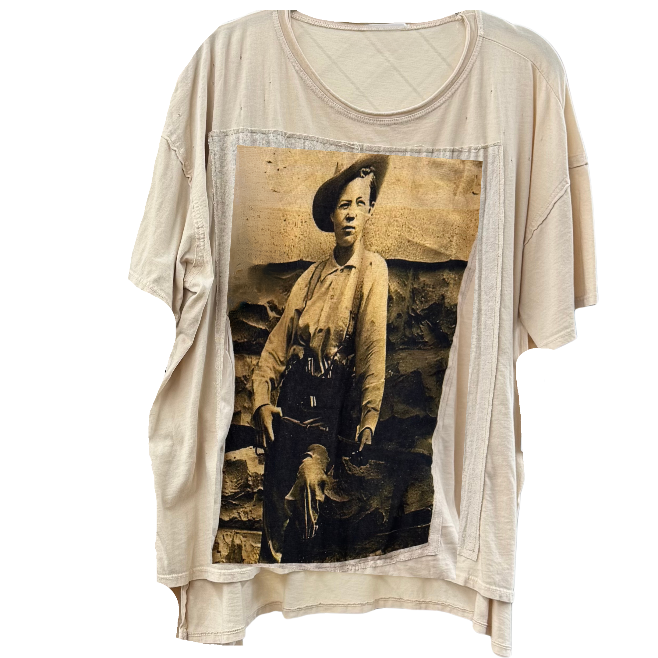 Beige t-shirt with vintage graphic of a person on a horse