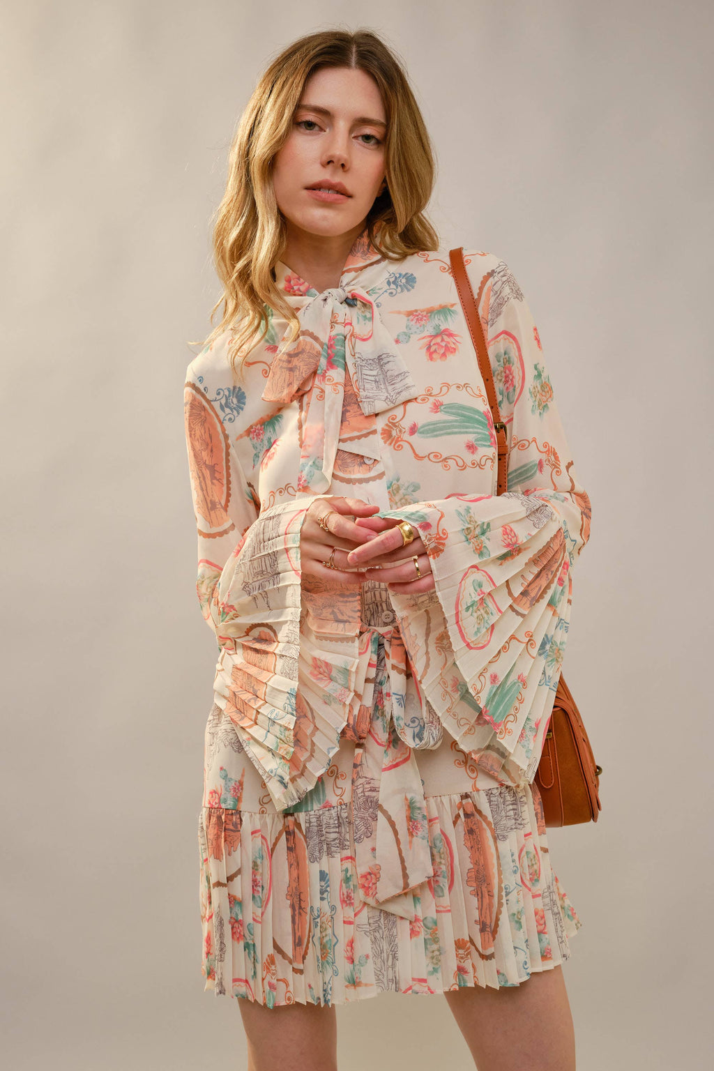 Cactus Vintage Print Pleated Mini Dress