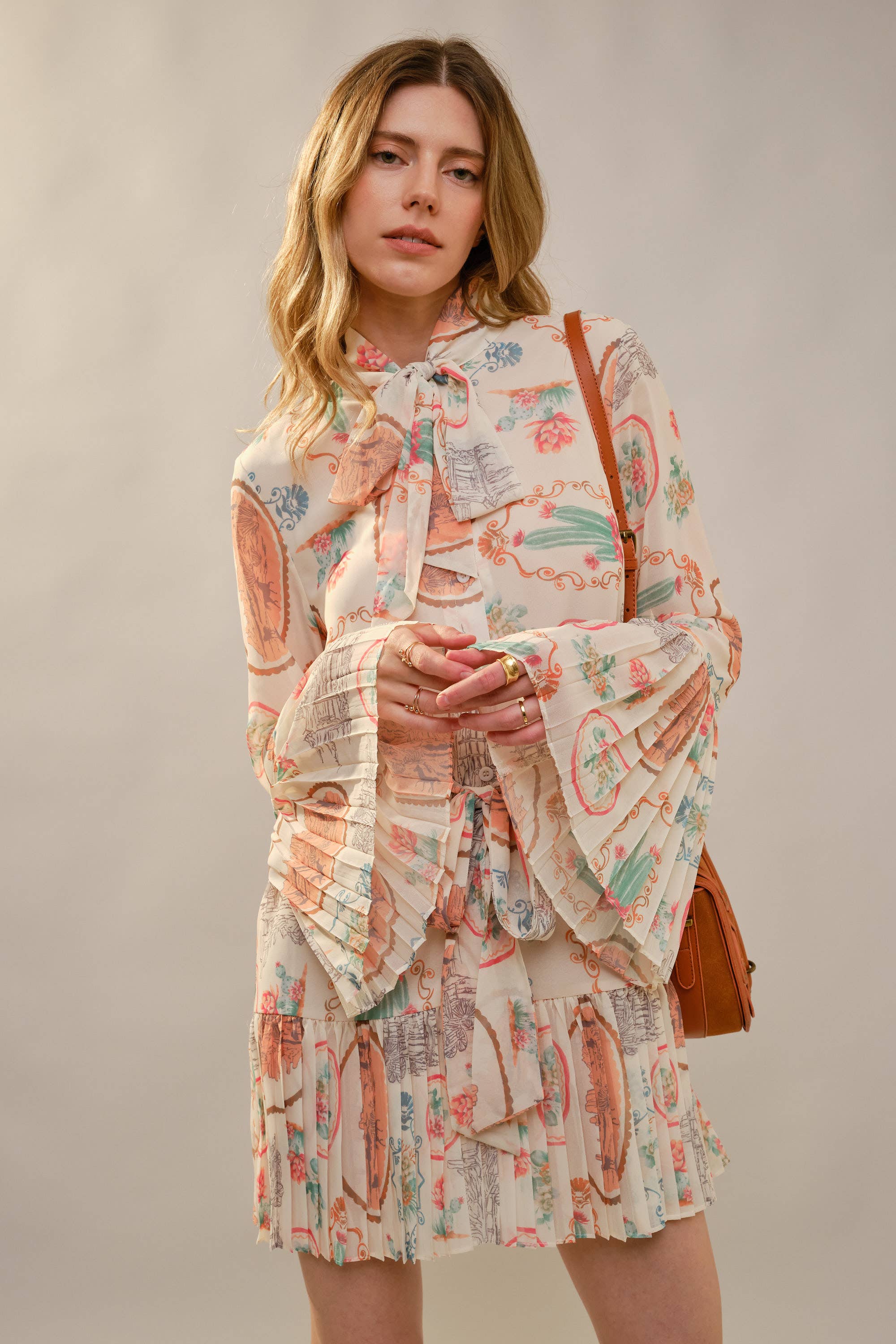 Cactus Vintage Print Pleated Mini Dress