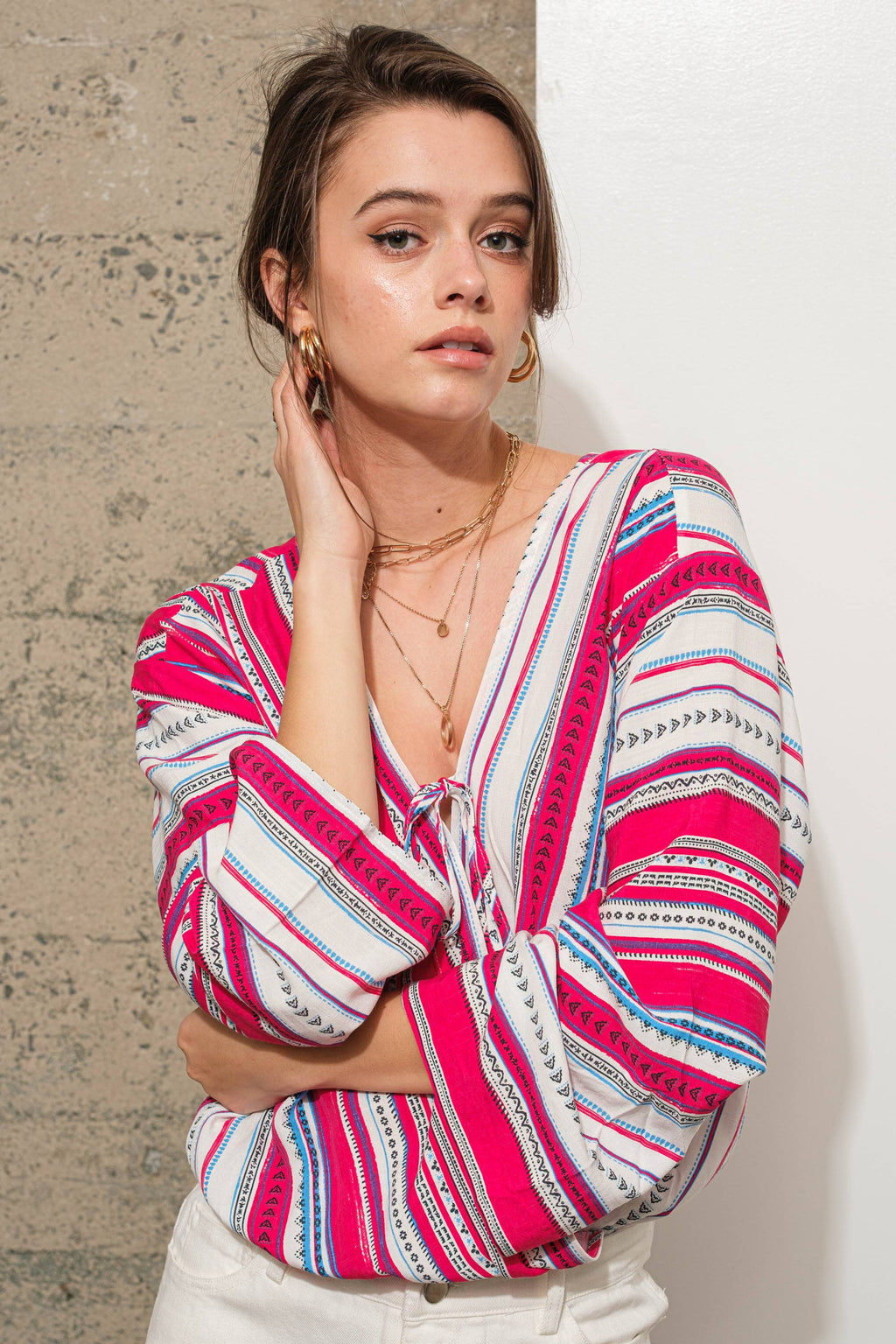 Stripe Wrap Tie Lace Bodysuit