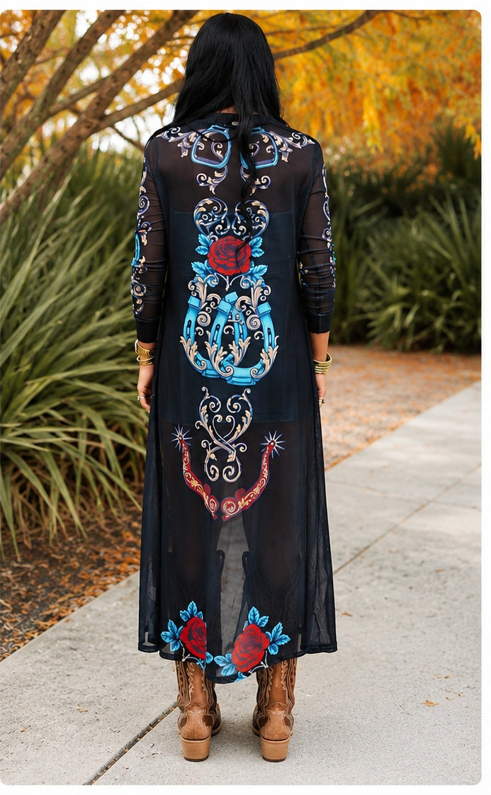 Black Horseshoe Rose Mesh Maxi Duster