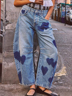 Love Heart Print Loose Midi Waist Jeans
