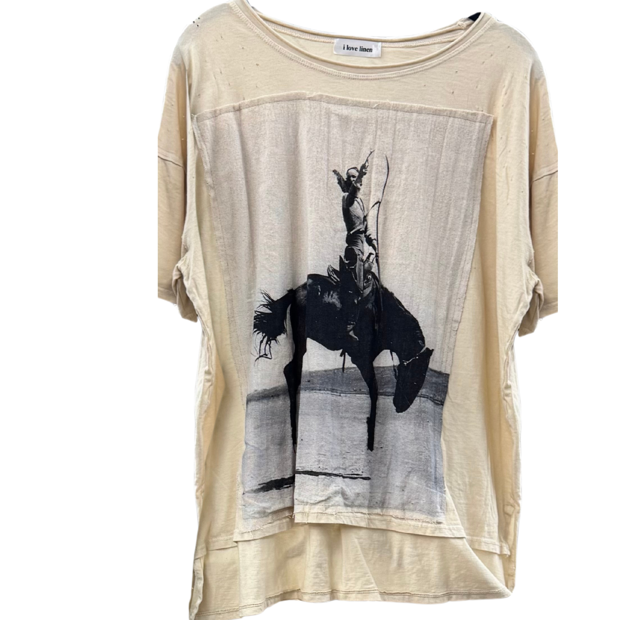 Beige t-shirt with black and white graphic of a person on a horse on a white background