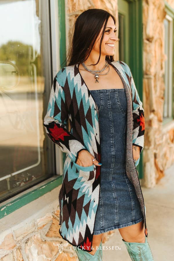 Turquoise Multi Aztec Knitted Cardigan Sweater