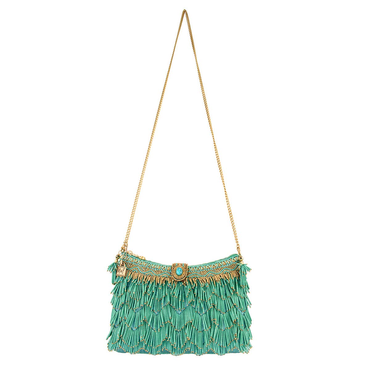 Green handbag with gold chain strap on a white background