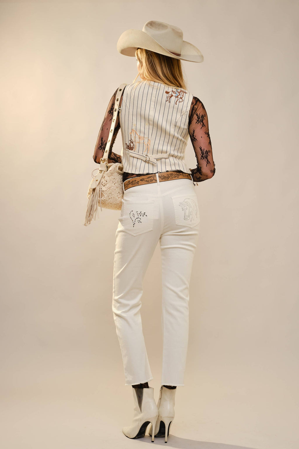Pinstripe Embroidered Denim Crop Vest