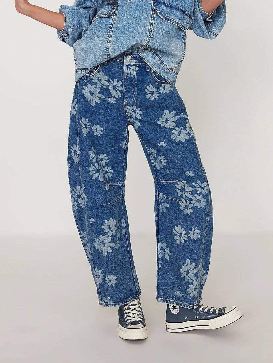 Love Heart Print Loose Midi Waist Jeans