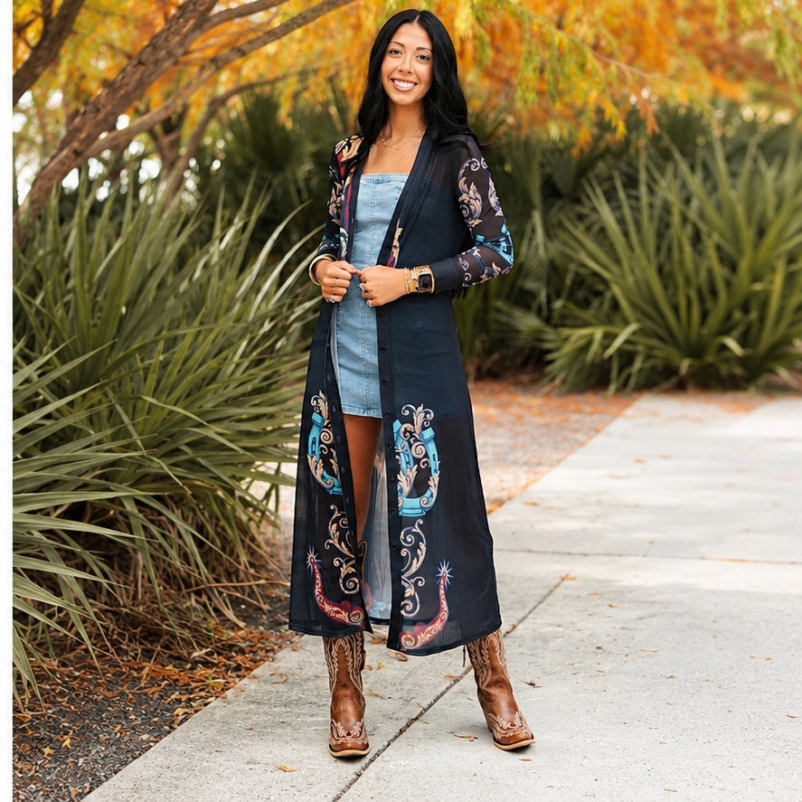 Black Horseshoe Rose Mesh Maxi Duster