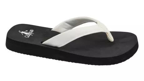 Black and white sandal with a brand logo on a white background