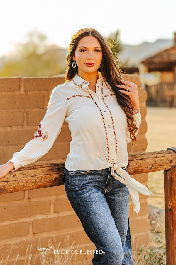 Ivory Pearl Snap Button Aztec Embroidered